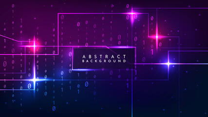 Vector modern illustration. Binary code. Luminous dynamic geometric background. Cyber tech. Light flares effect. Glowing streaks on dark background. Element for web banner, website template, wallpaper