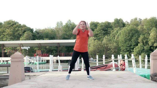 Asian women look Chubby shape but agile doing aerobic dance joyfully. and be happy. women exercise regularly dance fluently