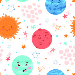 Children's seamless pattern with cute planets on a white background. Gender neutral pattern. Stock vector illustration.
