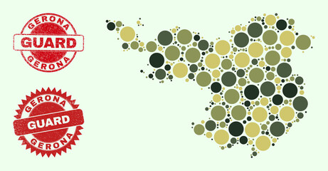 Vector circle elements collage Gerona Province map in camo hues, and rubber stamps for guard and military services. Round red watermarks have phrase GUARD inside.