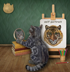 A gray cat looks in a mirror near its self-portrait.