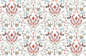 Seamless pattern with ethnic motives on an isolated white background. Pattern in Russian style is hand drawn
