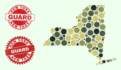 Vector circle elements collage New York State map in camouflage colors, and unclean stamp seals for guard and military services. Round red imprints contain phrase GUARD inside.