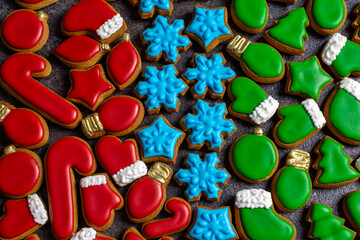 christmas gingerbread in different colors red blue green top view