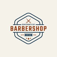 Vintage Emblem Badge Barber Shop Logo with Scissors Symbol for Gentleman Haircut in Retro Style Vector Illustration