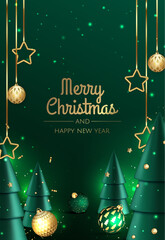 Merry Christmas and Happy New Year. Xmas Festive background with realistic 3d christmas tree