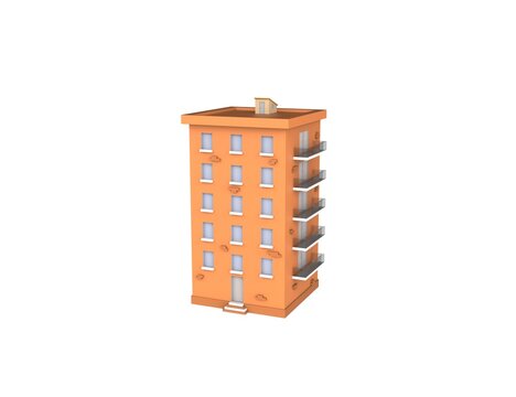 European five-story 3D apartment with balconies. Render illustration.