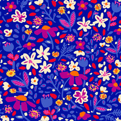 Colourful floral seamless repeat tile pattern background on blue