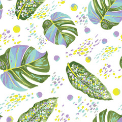 Palm Leaves Repeat Seamless Pattern Tile Background. Spring Summer Green Blue Purple Yellow. For wallpaper, fashion print, card, wrapping, backdrop, textile design, product pattern, cushion, curtain