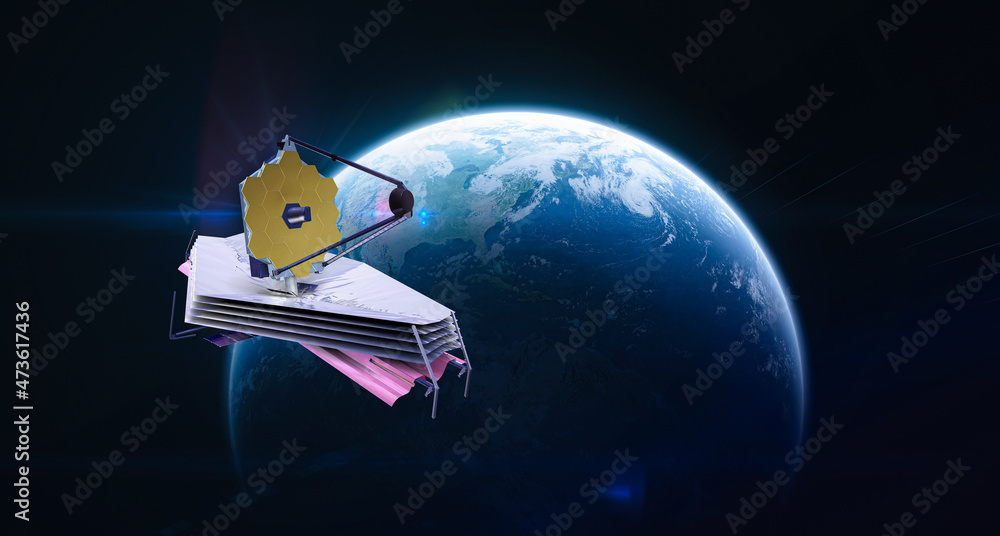 Poster James Webb telescope on orbit of Earth. Space observatory and galaxies research. Elements of this image furnished by NASA