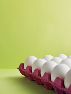 White eggs in a magenta coloured carton against a lime green background