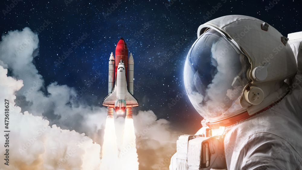 Aufkleber Astronaut and Space Shuttle rocket launch in the sky with clouds. Outer space with stars and spaceship. Sci-fi fantasy collage. Elements of this image furnished by NASA