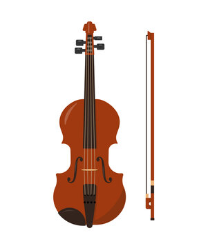 Classical wooden viola with bow isolated on white background. Stringed bowed orchestral musical instrument icon. Vector illustration in flat or cartoon style.