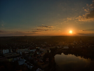 aerial view of Tabor czech republic, lake and church tower winter morning sunlight