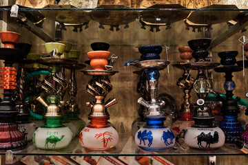 Many different hookahs in oriental store