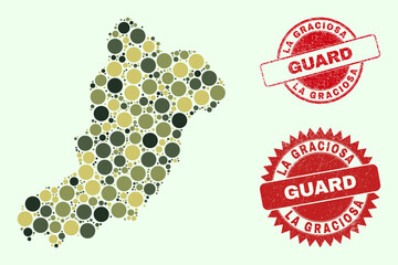 Vector round parts mosaic La Graciosa Island map in camouflage colors, and dirty stamp seals for guard and military services. Round red stamp seals have phrase GUARD inside.