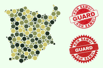 Vector spheric parts composition Koh Samui map in camo colors, and scratched stamp seals for guard and military services. Round red stamp seals have phrase GUARD inside.