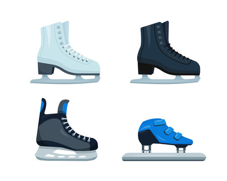 Set of different ice skates. White and black Figure Skates, Hockey and Short Track speed skates icons isolated on white background. Winter sport accessories vector illustration.