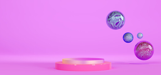 Flowing multicolored spheres and pedestal.  Pink podium and striped spheres on a pink background. Abstract background for a shelf with products, 3d render