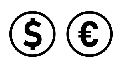 US Dollar Euro Exchange Currency Sign or Icon Set with a Coin Style Design. Vector Image.