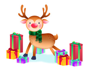 Fototapeta premium christmas reindeer character vector and gifts