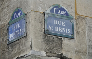 Street sign in Paris, France, for "Rue St. Denis", Paris, France