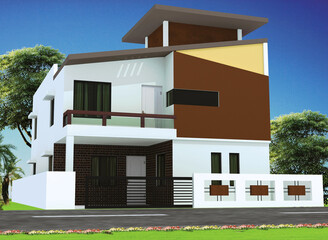 3D rendering of the exterior of a modern private house