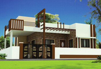 3D rendering of a house exterior design with brown color components - obrazy, fototapety, plakaty