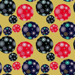 Pattern con palline natalizie decorate su sfondo oro