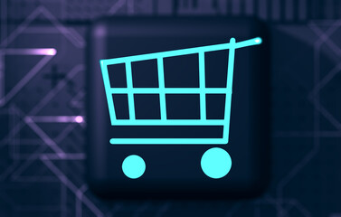 Icono o símbolo de carrito de la compra.Ilustración 3d.Concepto de compra en línea o en Internet. Botón o cubo con carrito de la compra.