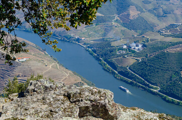 Cruise along the Douro river, seen from the viewpoint of Sao Leonardo de Galafura. Portugal.
