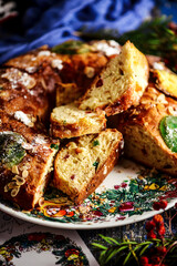Bolo Rei .Traditional Portuguese Christmas cake on a Christmas rustic background