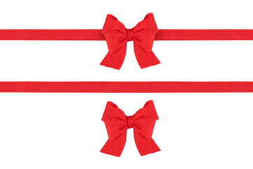 Red ribbon with red bow isolated on white background. Christmas decoration and gift elements