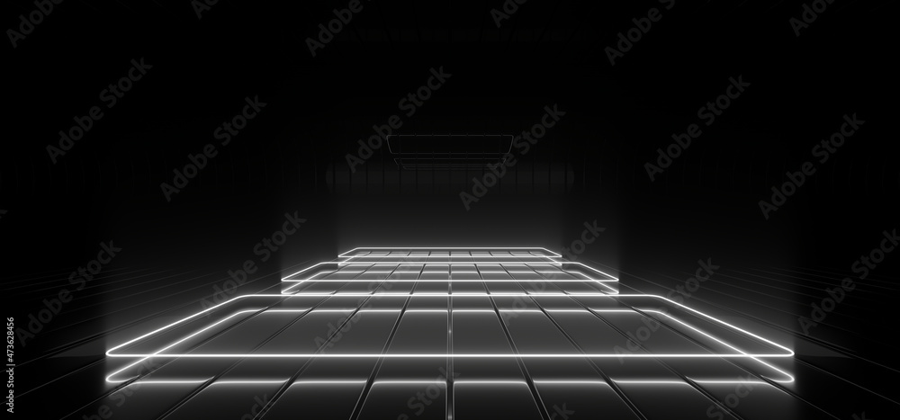 Poster a dark tunnel lit by white neon lights. reflections on the floor and walls. 3d rendering image.