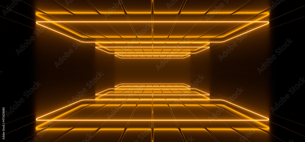 Poster sci fy neon lamps in a dark corridor. reflections on the floor and walls. 3d rendering image.