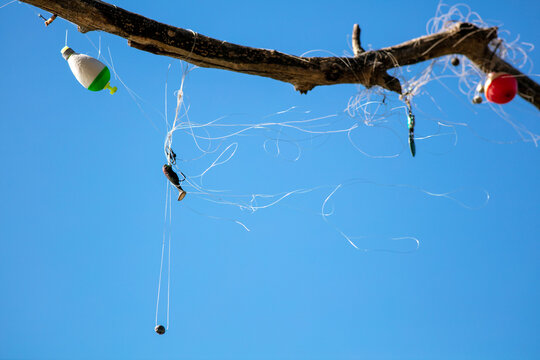 Tangled Fishing Line And Lures Hanging On Power Line Stock Photo - Download  Image Now - iStock