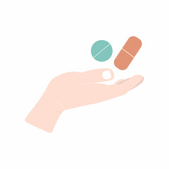 Pills in hand, healthcare icon isolated on white background. Flat vector illustration