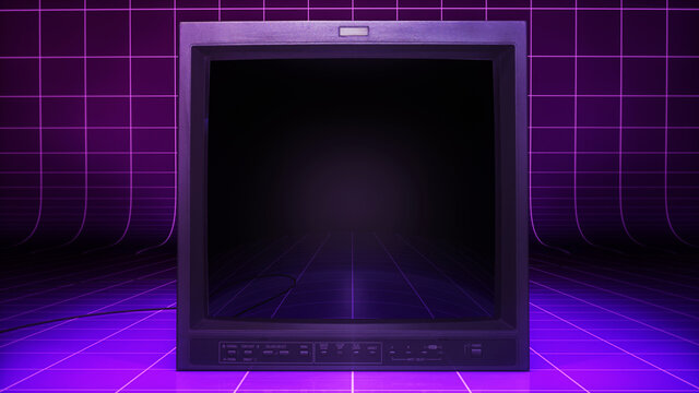 Old style CRT monitor in an arcade gaming studio. A retro aesthetic 3D rendering TV concept