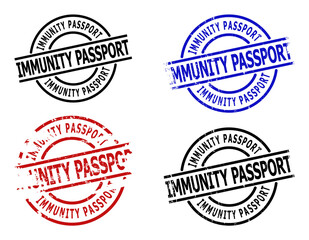 IMMUNITY PASSPORT seal versions. IMMUNITY PASSPORT text is between parallel lines inside circle frame. Rough IMMUNITY PASSPORT seal versions in red, black, blue colors, with grunge texture.