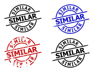 SIMILAR stamp versions. SIMILAR text is between parallel lines inside circle frame. Rough SIMILAR seal stamp versions in red, black, blue colors, with corroded surface.