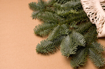 Closeup of fir tree brances in eco-friendly bag. Sustainable and aero waste winter holidays concept.Mockup