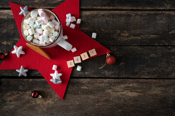 Holiday cup of hot chocolate with marshmallows