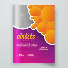 Fototapeta premium Flyer print Circles 3d flying perspective figure design template Cover Geometric cylinders theme violet and orange color, block for image, vector
