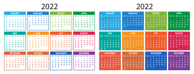 2022 year calendar collection. Week starts on Monday template. Vector illustration