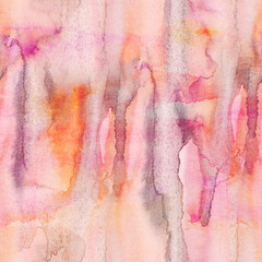 Watercolor abstract seamless pattern. Pink, grey, orange stripes and splashes background texture