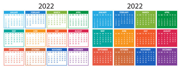2022 year calendar collection. Week starts on Sunday template. Vector illustration