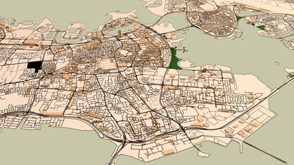 Obraz premium Satellite view of Bahrain. Map of the capital Manama. Streets and state buildings. 3d rendering