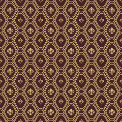 Seamless pattern. Modern geometric ornament with golden royal lilies. Classic vintage background