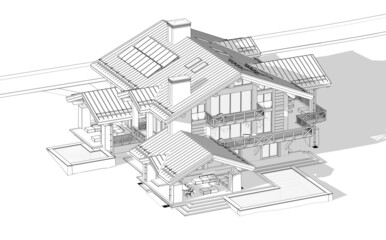 3d rendering of modern cozy chalet with pool and parking for sale or rent. Massive timber beams columns. Black line sketch with soft light shadows on white background
