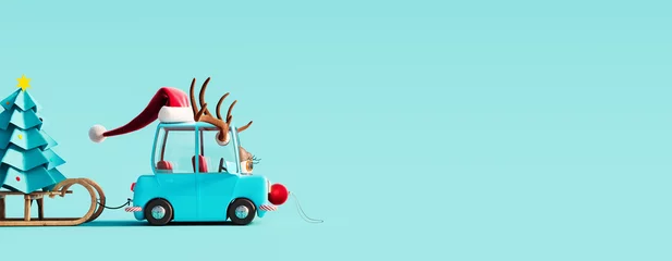 Fototapeten Cute blue car with deer antlers on the roof carrying paper Christmas tree on blue background 3D Rendering, 3D Illustration © hd3dsh